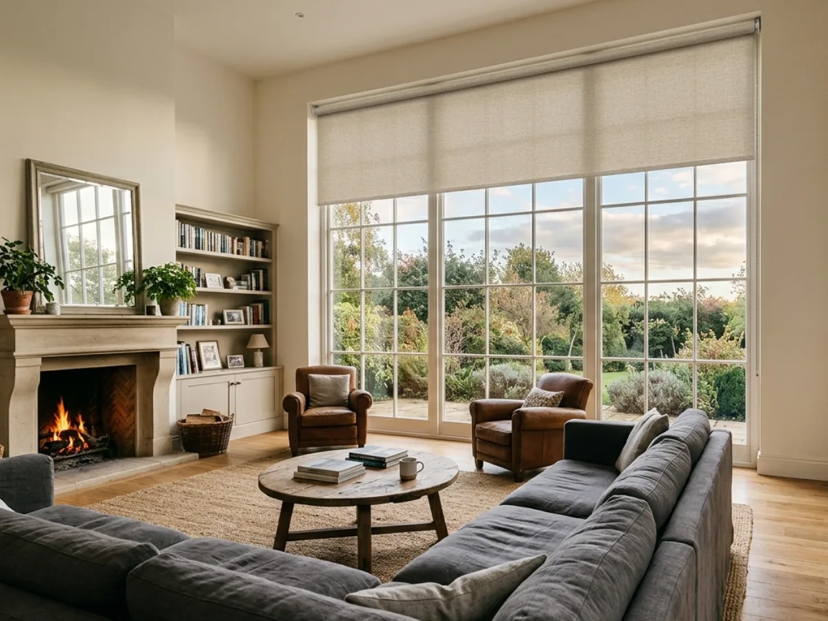 large living room with standard roller blind