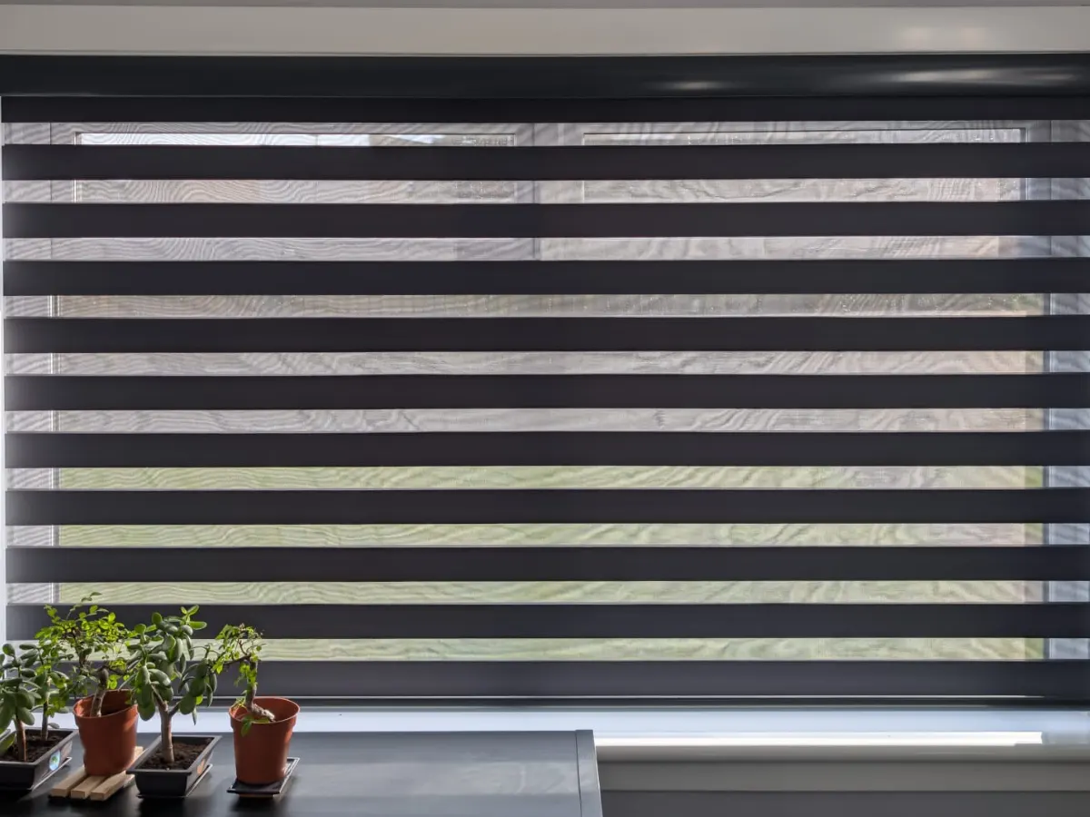 Dark Grey Day and Night blinds fitted in a Motherwell living room