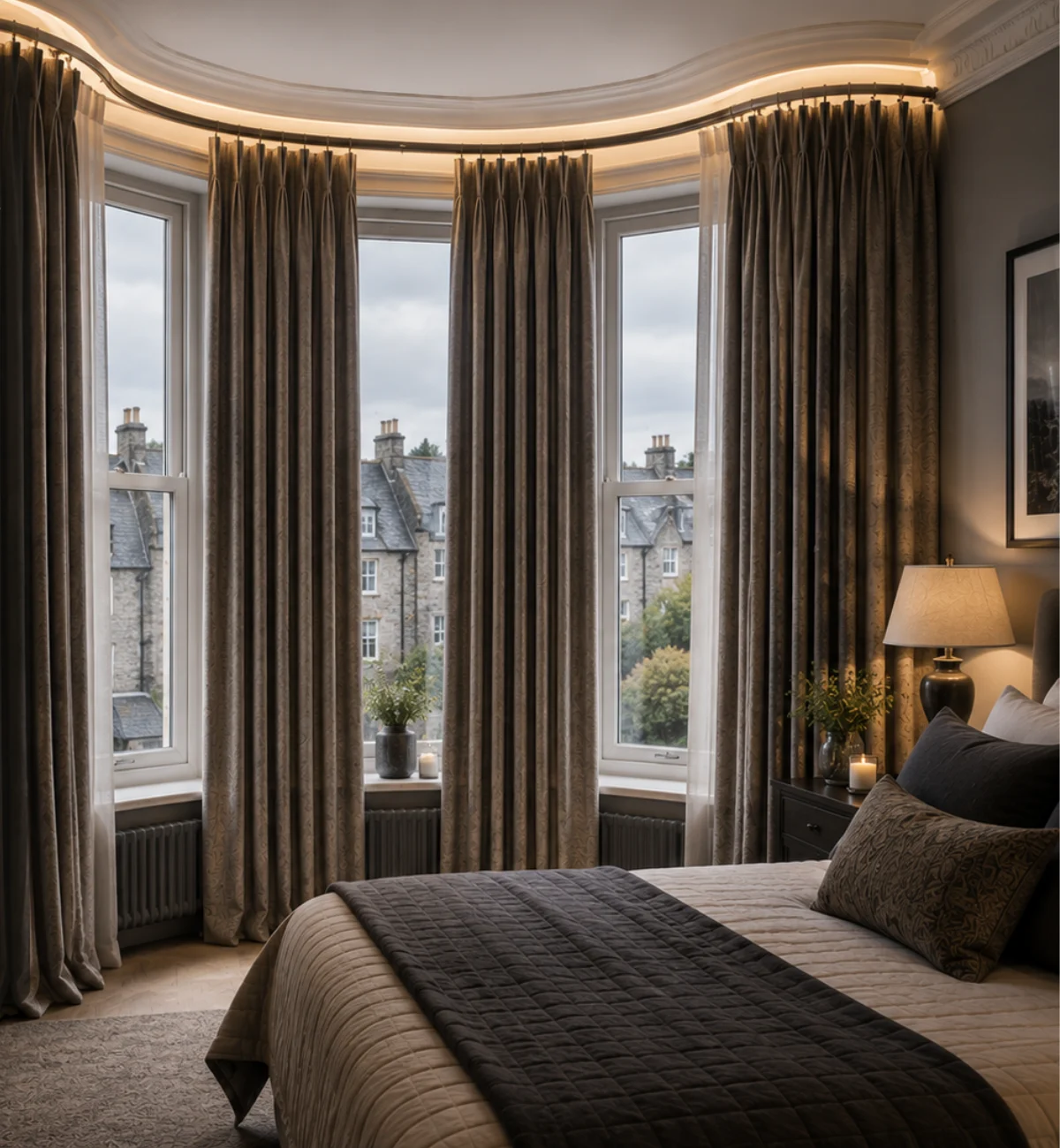 bay window Sweeping curved curtain tracks unify multi -faceted bay windows with seamless texture grandeur
