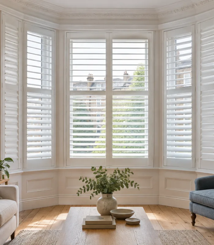 White bay window shutters professionally fitted in Glasgow